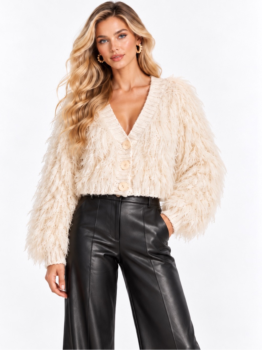 Alice + Olivia Cream Shaggy Faux-Fur V-Neck Button Cardigan